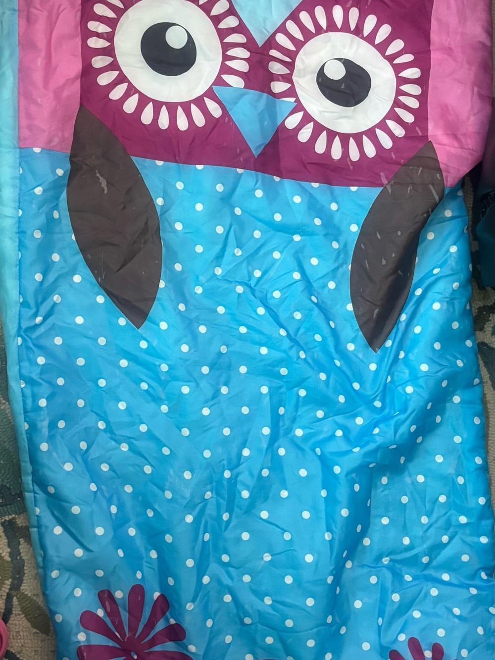 Children's Owl Sleep Sack in Pink and Blue with Polka Dot Print with Storage Bag